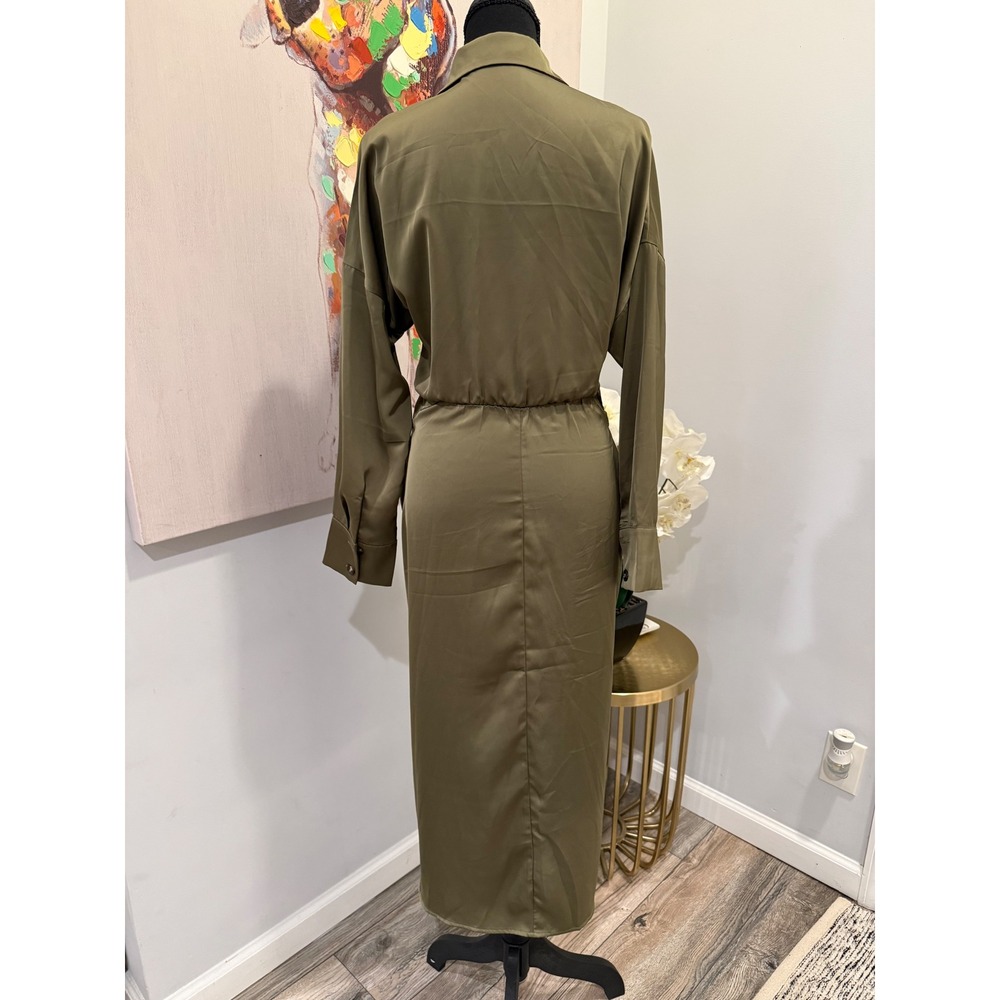 BTFBM Women Olive Green Satin Long Sleeve Button Down Tie Waist Midi Shirt Dress - Picture 5 of 6